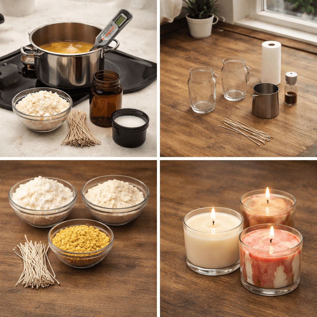 Candle making supplies laid out on a workspace