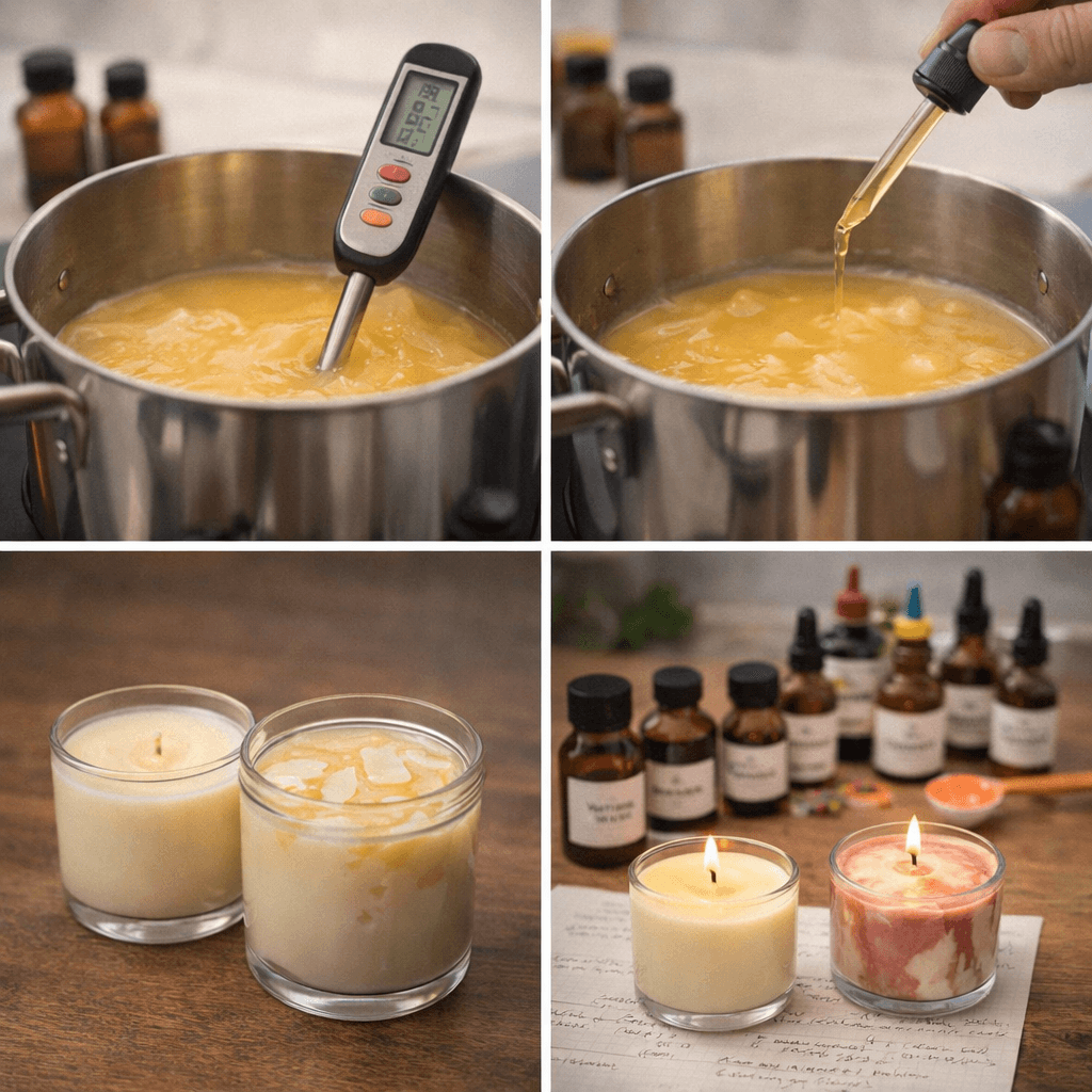 Thermometer in melted wax showing precise temperature control