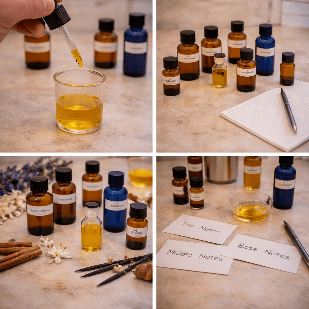 Fragrance oils and essential oils being blended for candle making
