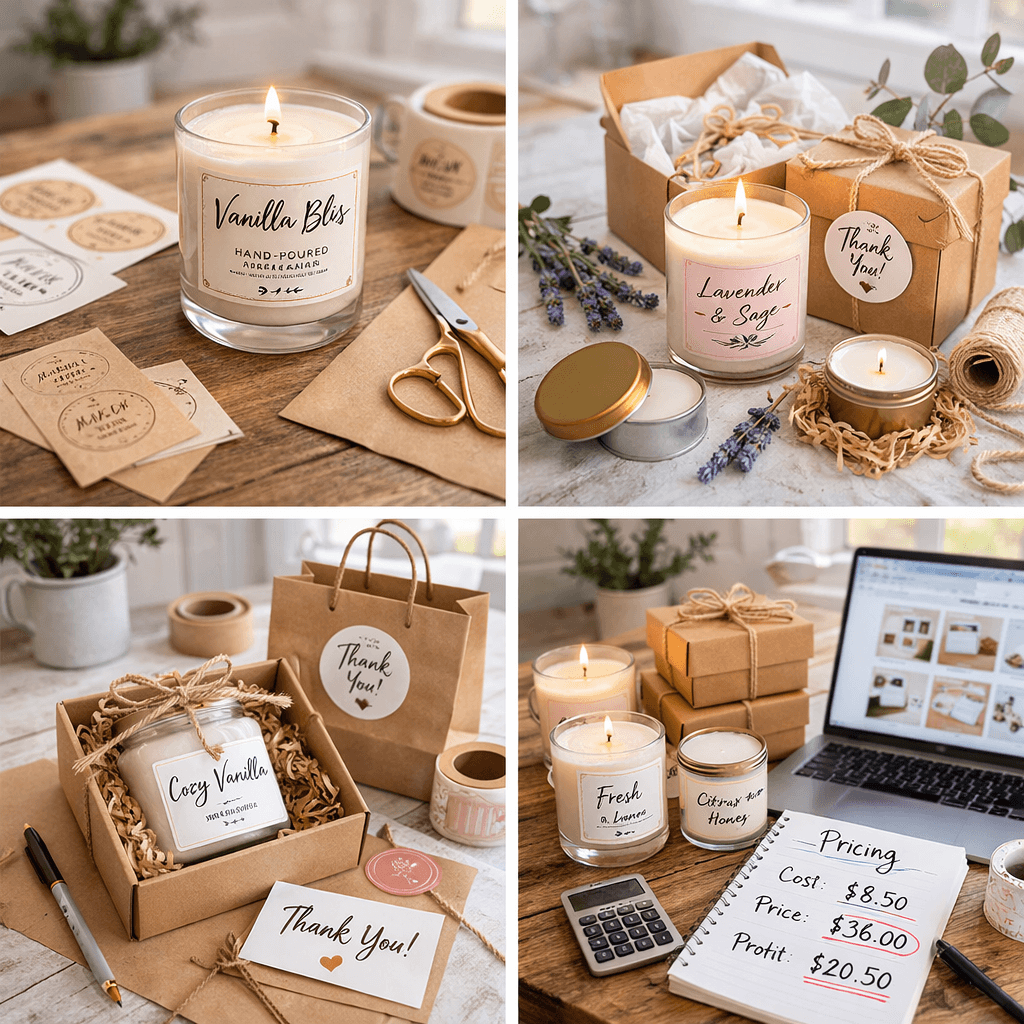 Beautifully labeled and packaged candles ready for sale